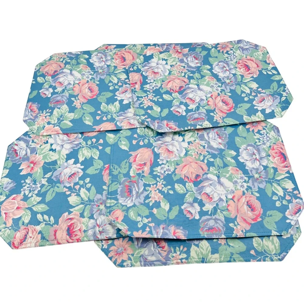 Set of 6 Floral Placemats Blue Pink Rose‎ Botanical Quilted Table Linens 18x13